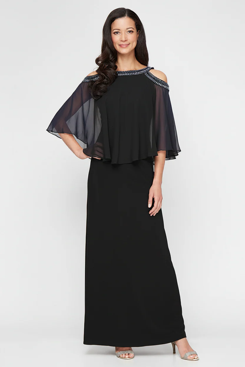 Regular - Cold Shoulder Jersey and Chiffon Gown with Beaded Neckline