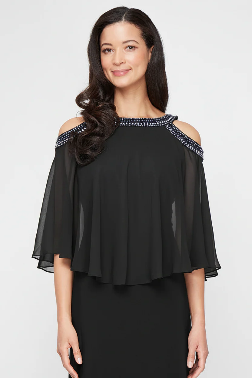 Regular - Cold Shoulder Jersey and Chiffon Gown with Beaded Neckline - Image 2
