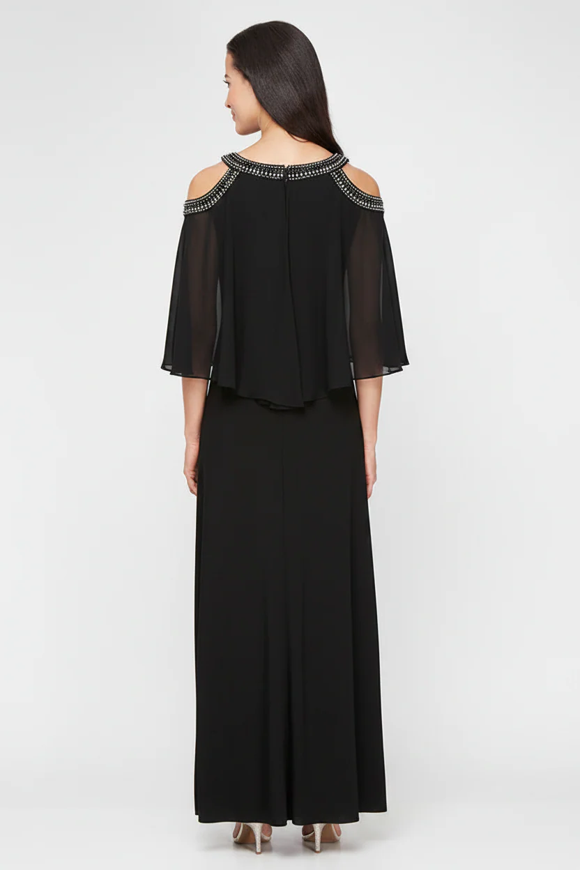 Regular - Cold Shoulder Jersey and Chiffon Gown with Beaded Neckline - Image 3