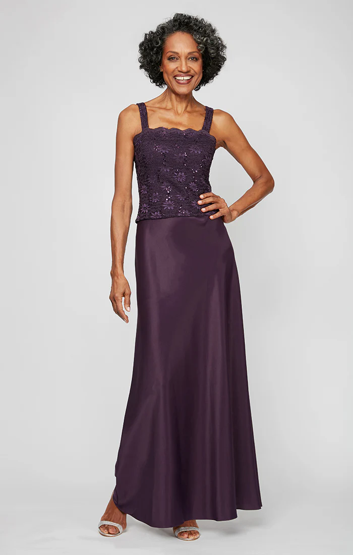 Lace & Satin Gown with Sheer 3/4 Sleeve Scalloped Lace Jacket - Image 2