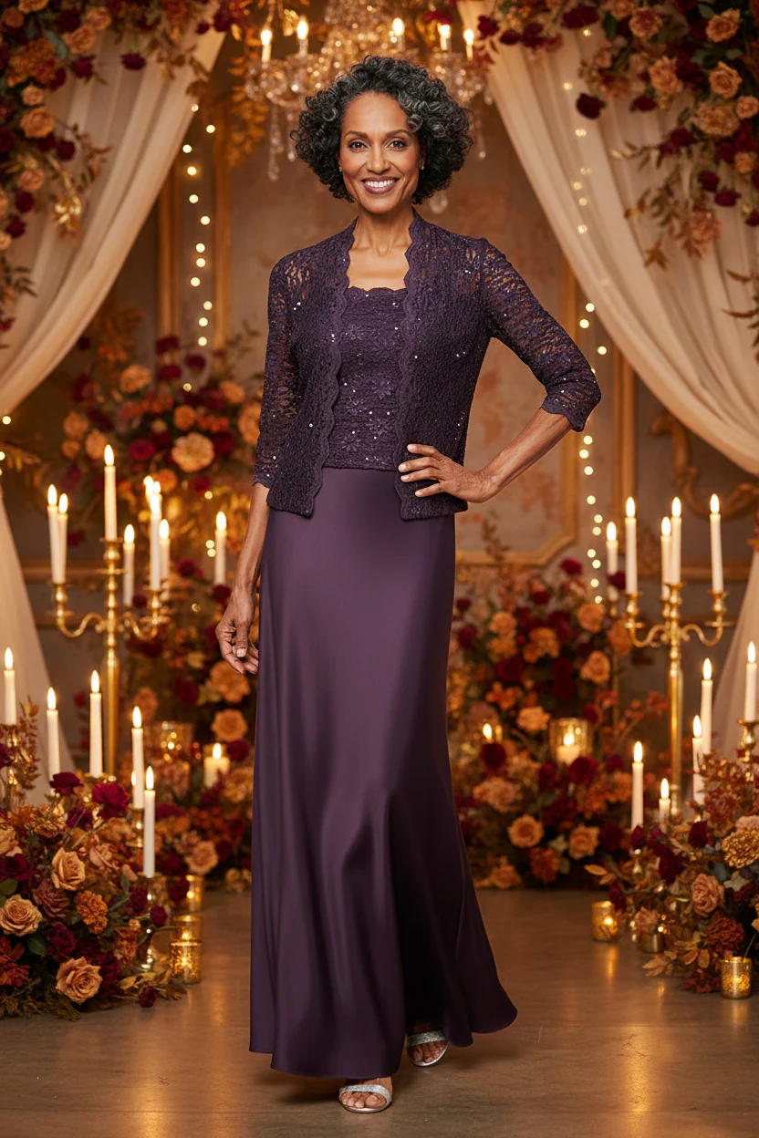 Lace & Satin Gown with Sheer 3/4 Sleeve Scalloped Lace Jacket - Image 3