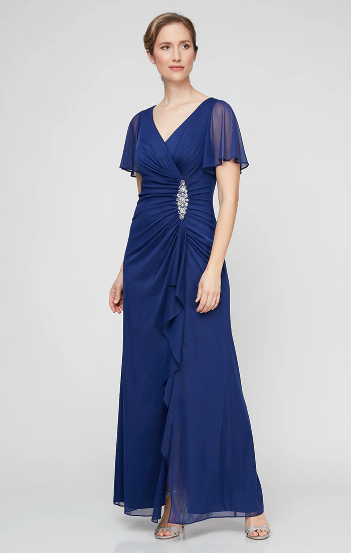 Regular - Long Surplice Neckline Dress With Flutter Sleeves