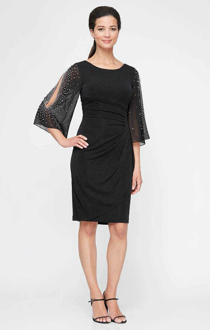 Regular - Metallic Knit Party Dress with Embellished Illusion Sleeves