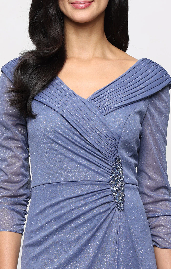Regular - Portrait Collar Glitter Mesh Dress with Illusion Sleeves and Embellished Waist Detail - Image 2