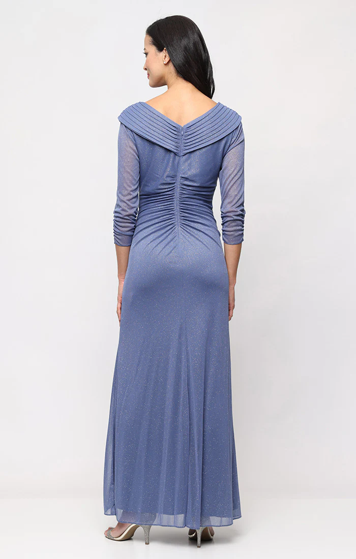 Regular - Portrait Collar Glitter Mesh Dress with Illusion Sleeves and Embellished Waist Detail - Image 3