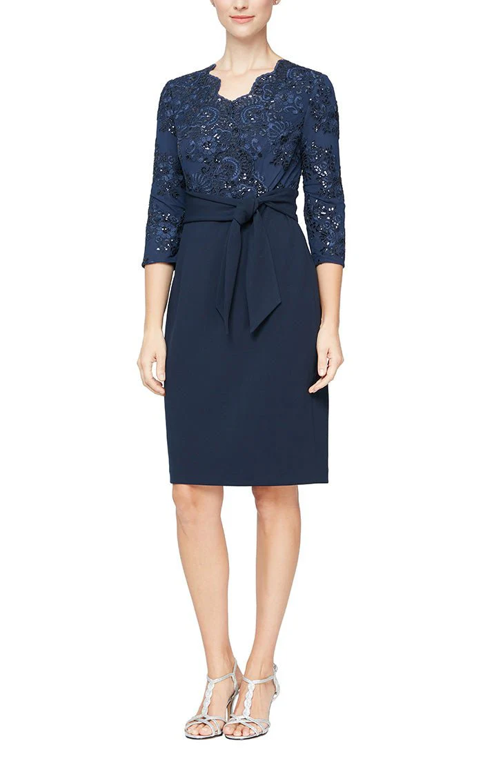 Regular - Short Sheath Dress with Embroidered Surplice Neckline, 3/4 Sleeves and Tie Belt Detail