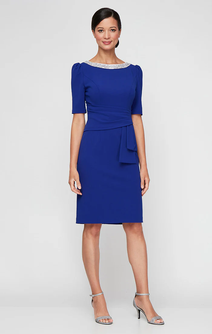 Regular - Stretch Crepe Cocktail Dress with Embellished Neckline