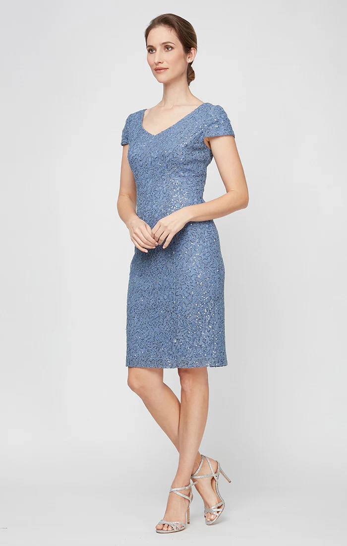 Regular - Short Corded Sheath Dress With V-Neckline and Cap Sleeves