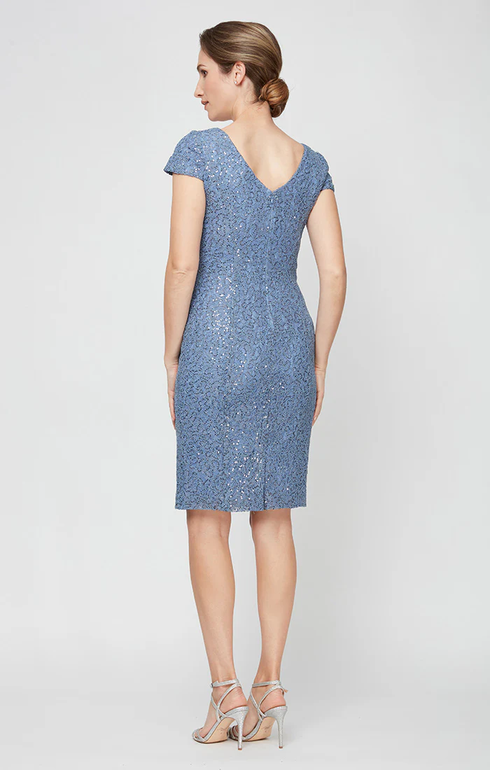 Regular - Short Corded Sheath Dress With V-Neckline and Cap Sleeves - Image 2