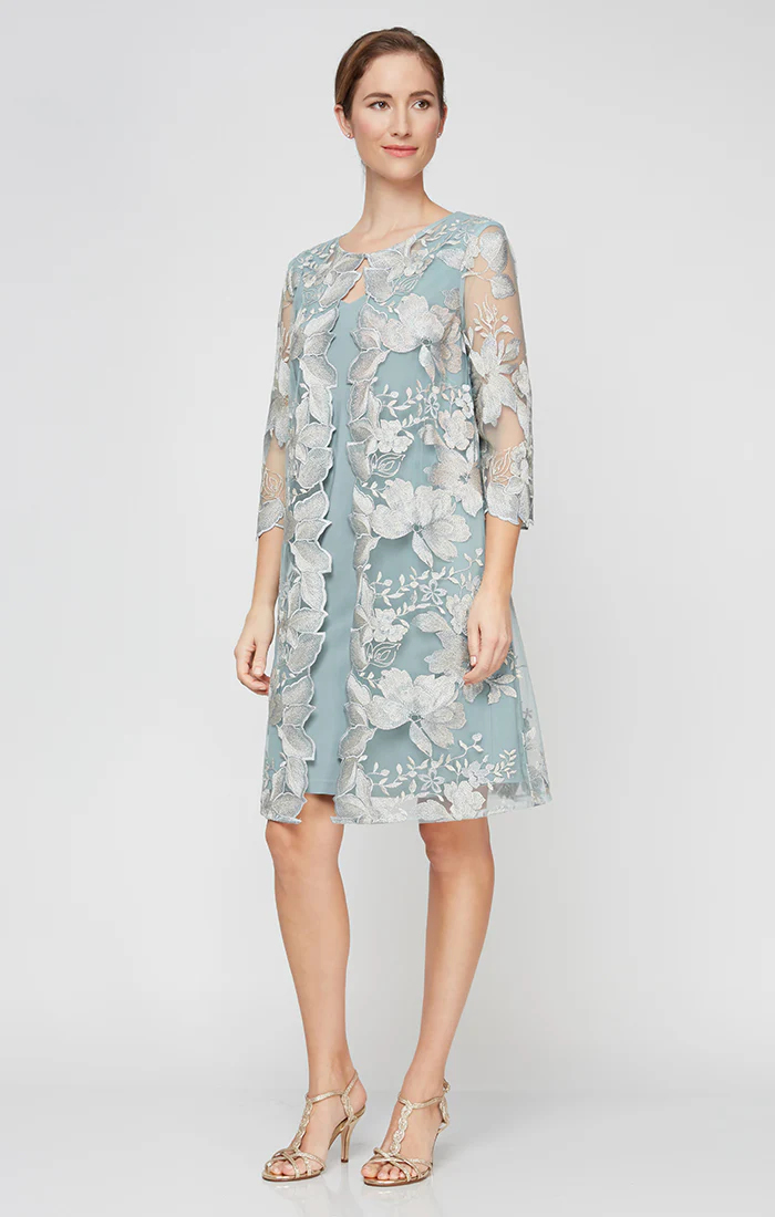 Petite Short Embroidered Elongated Lace Mock Jacket with Jersey Sheath Dress