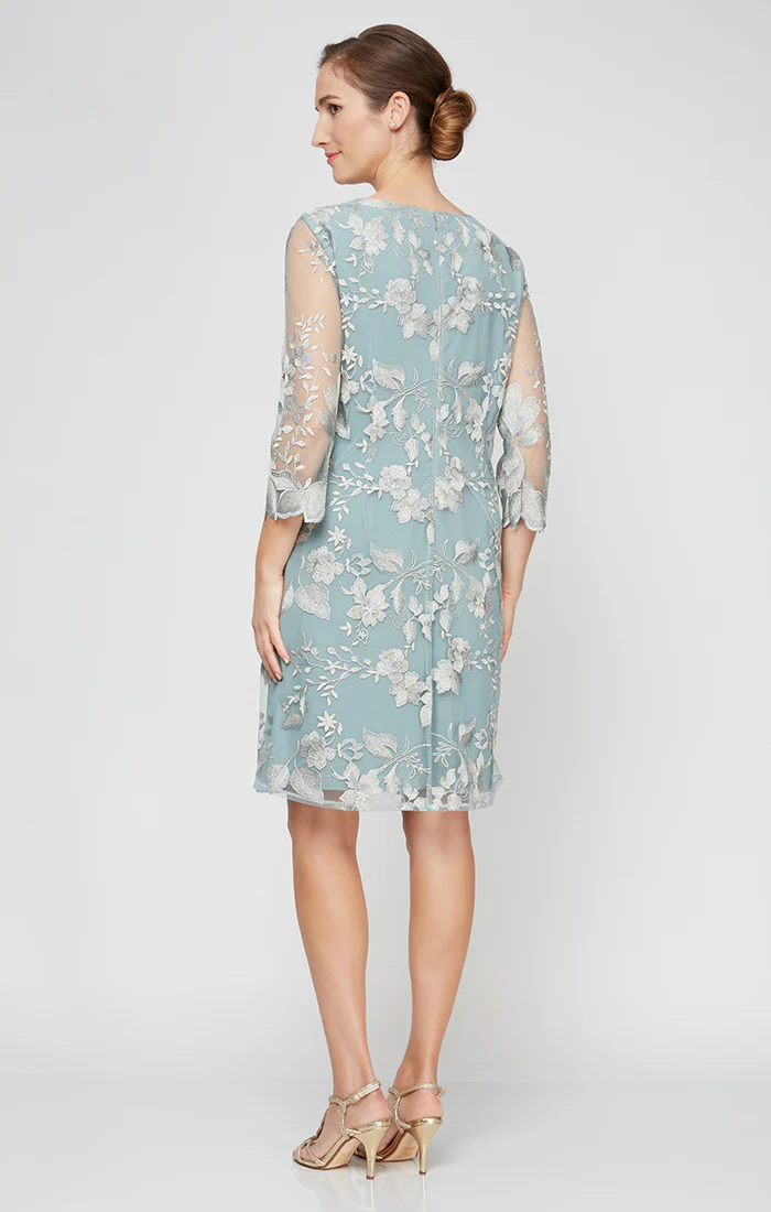 Petite Short Embroidered Elongated Lace Mock Jacket with Jersey Sheath Dress - Image 2