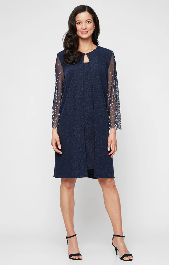 Regular - Metallic Knit Jacket Dress with Heat Set Illusion Sleeves and Elongated Jacket