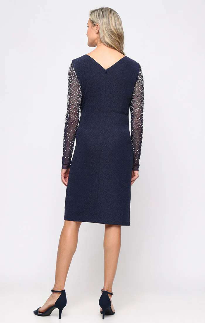 Regular - Metallic Knit Sheath Dress with Illusion Heat Set Sleeves - Image 3