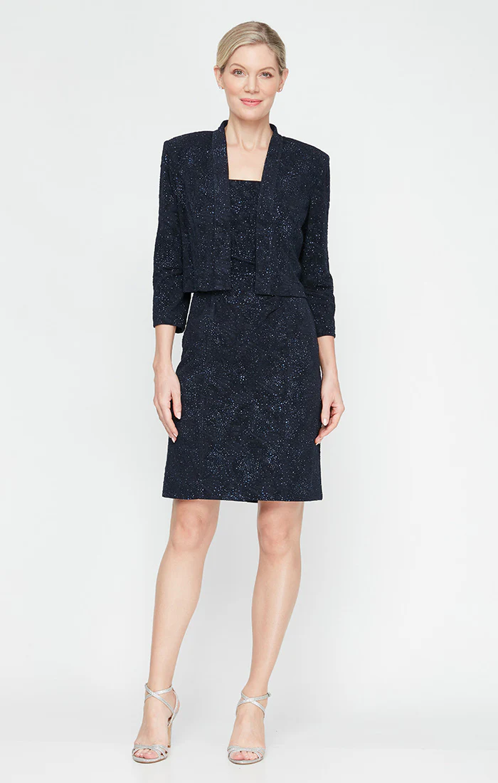 Regular - Jacquard Glitter Knit Jacket Dress with Square Neckline & Open Jacket