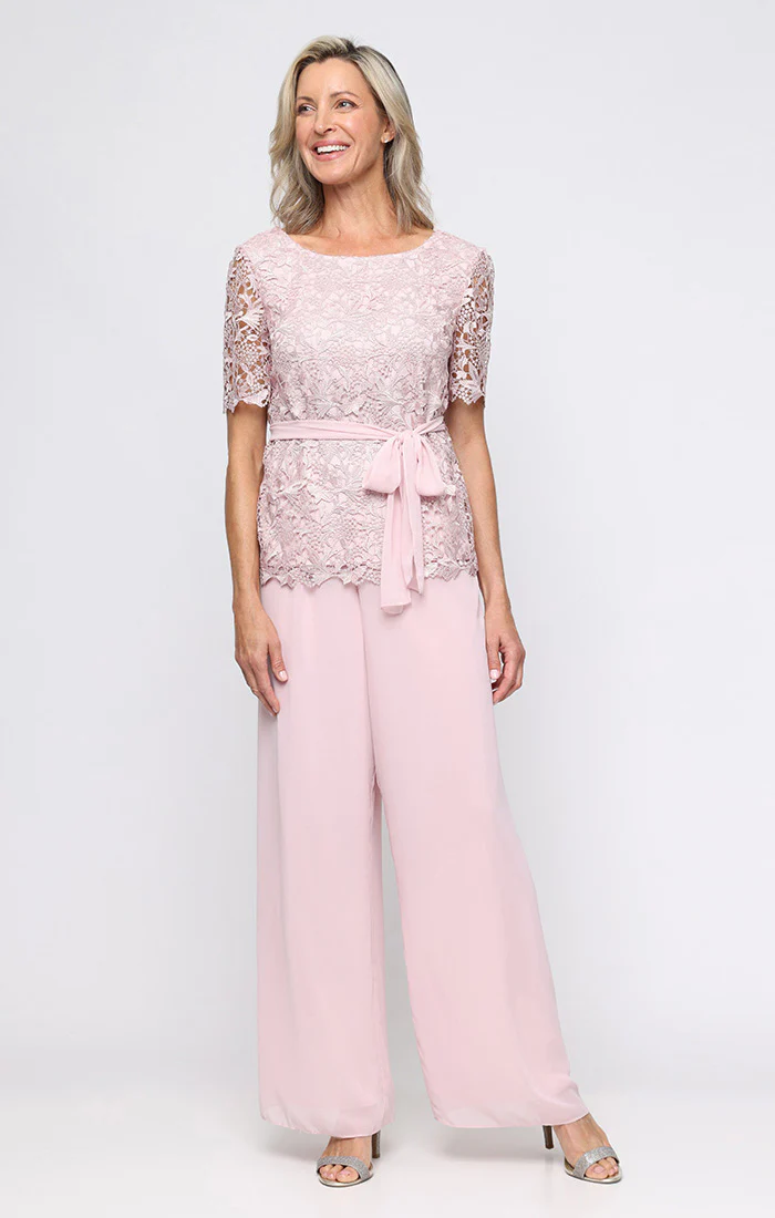Regular - Short Sleeve Lace Blouse with Illusion Sleeves and Chiffon Tie Belt - Image 3