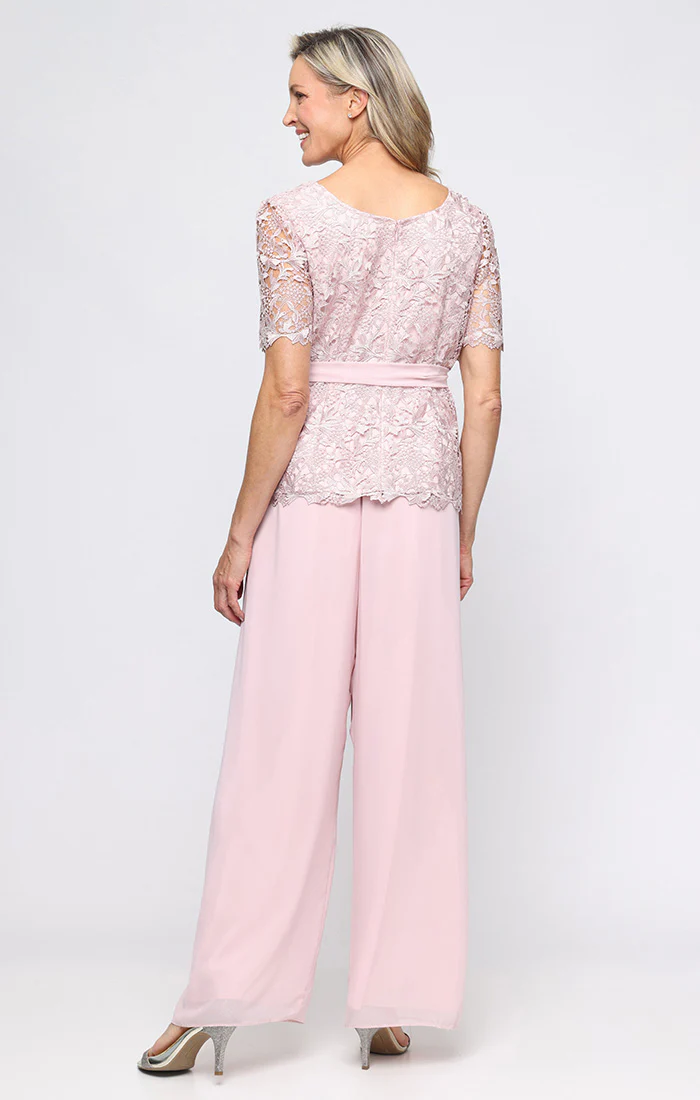 Regular - Short Sleeve Lace Blouse with Illusion Sleeves and Chiffon Tie Belt - Image 4