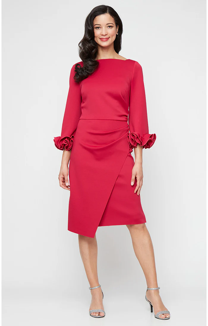 Regular - Stretch Crepe Sheath Dress with Ruffle Sleeve Detail