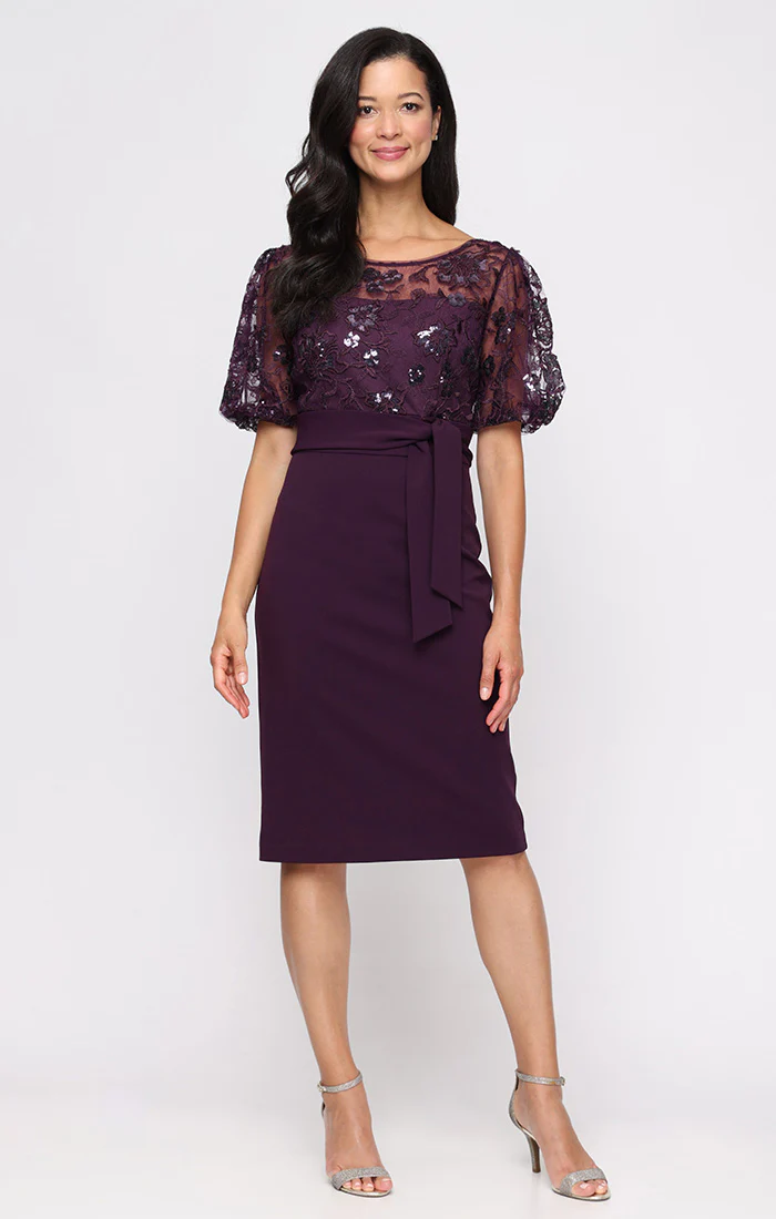 Regular - Stretch Crepe Sheath Dress with Embroidered Bodice, Illusion Neckline and Bubble Hem Elbow Sleeves