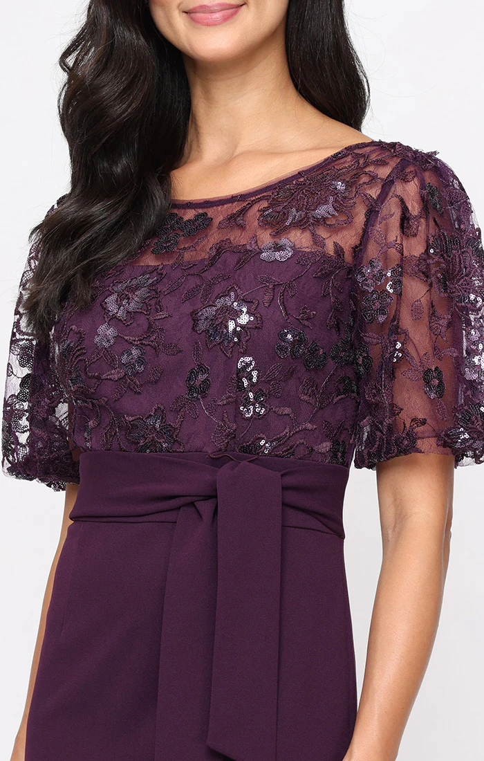Regular - Stretch Crepe Sheath Dress with Embroidered Bodice, Illusion Neckline and Bubble Hem Elbow Sleeves - Image 2