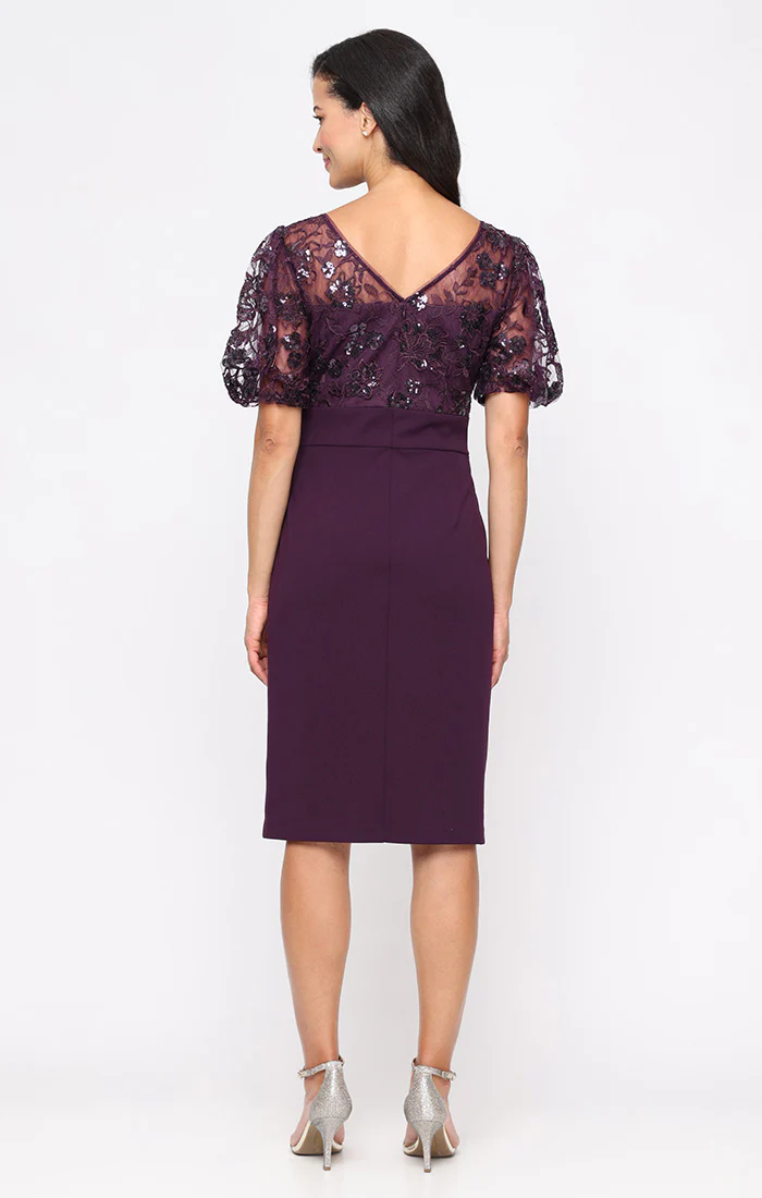 Regular - Stretch Crepe Sheath Dress with Embroidered Bodice, Illusion Neckline and Bubble Hem Elbow Sleeves - Image 3