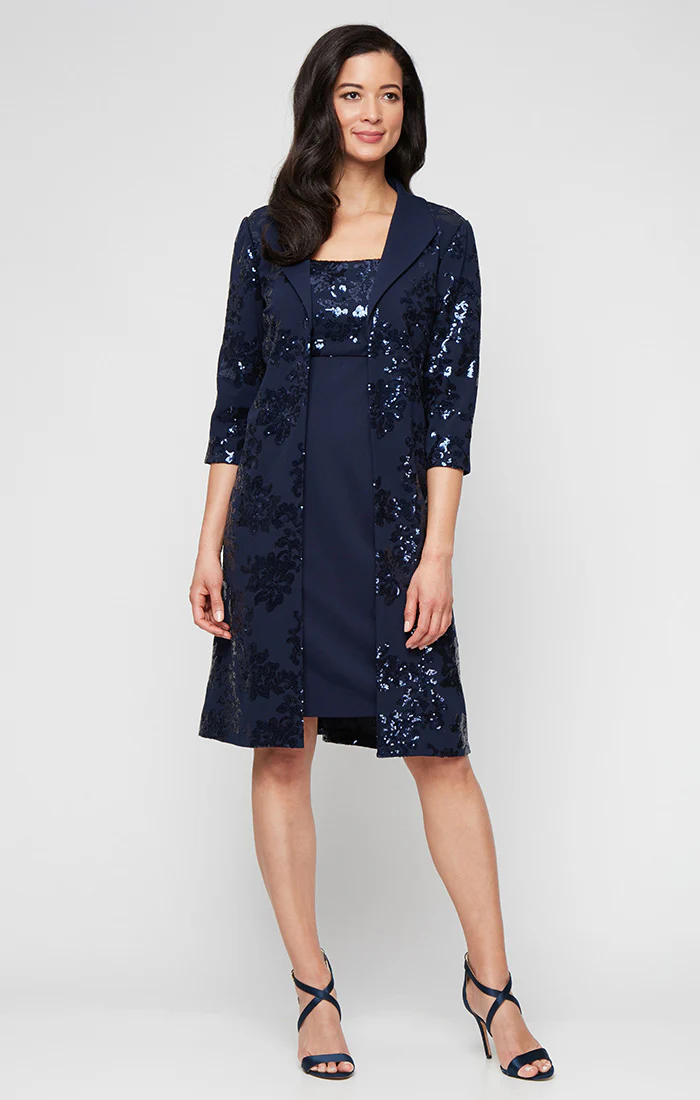 Regular - Stretch Scuba Crepe Jacket Dress with Sequined Bodice and Elongated Collared Jacket