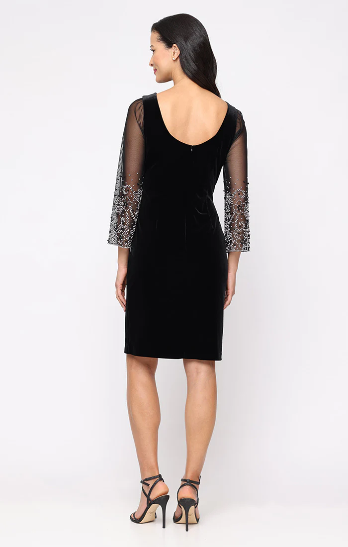 Short Stretch Velvet Sheath Dress with Heat Set Detail Sleeves - Image 3