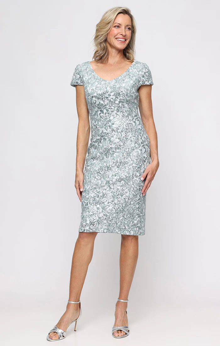 Regular - Short V-Neck Corded Lace Sheath Dress