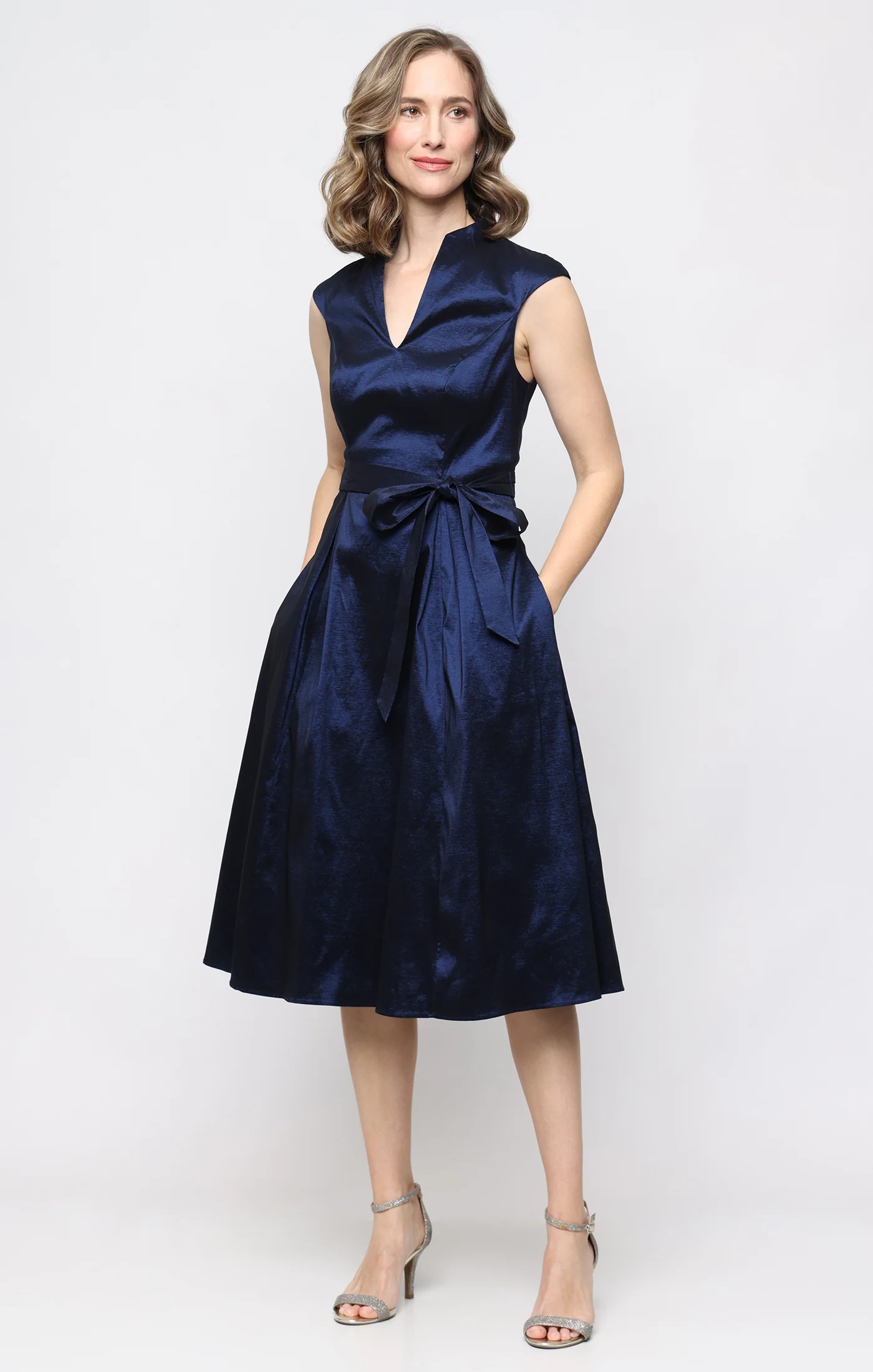 Stretch Taffeta Party Dress with A-Line Skirt & Tie Waist Detail