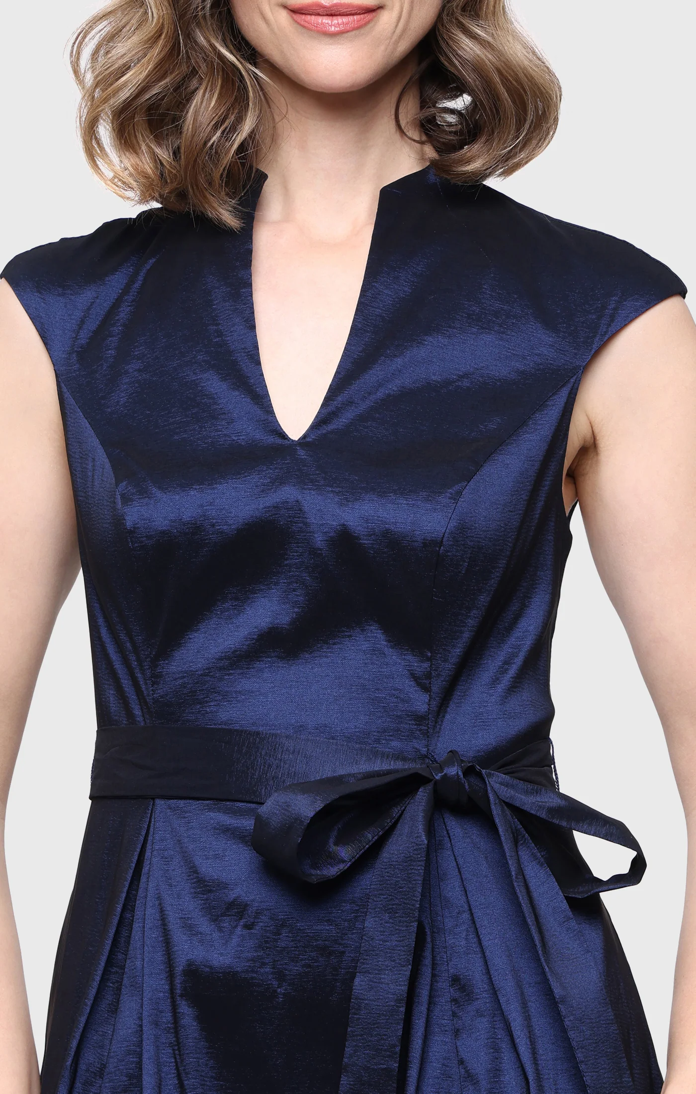 Stretch Taffeta Party Dress with A-Line Skirt & Tie Waist Detail - Image 2
