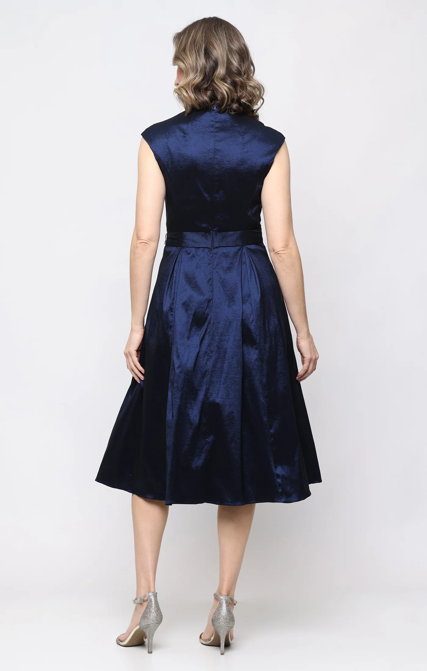Stretch Taffeta Party Dress with A-Line Skirt & Tie Waist Detail - Image 3
