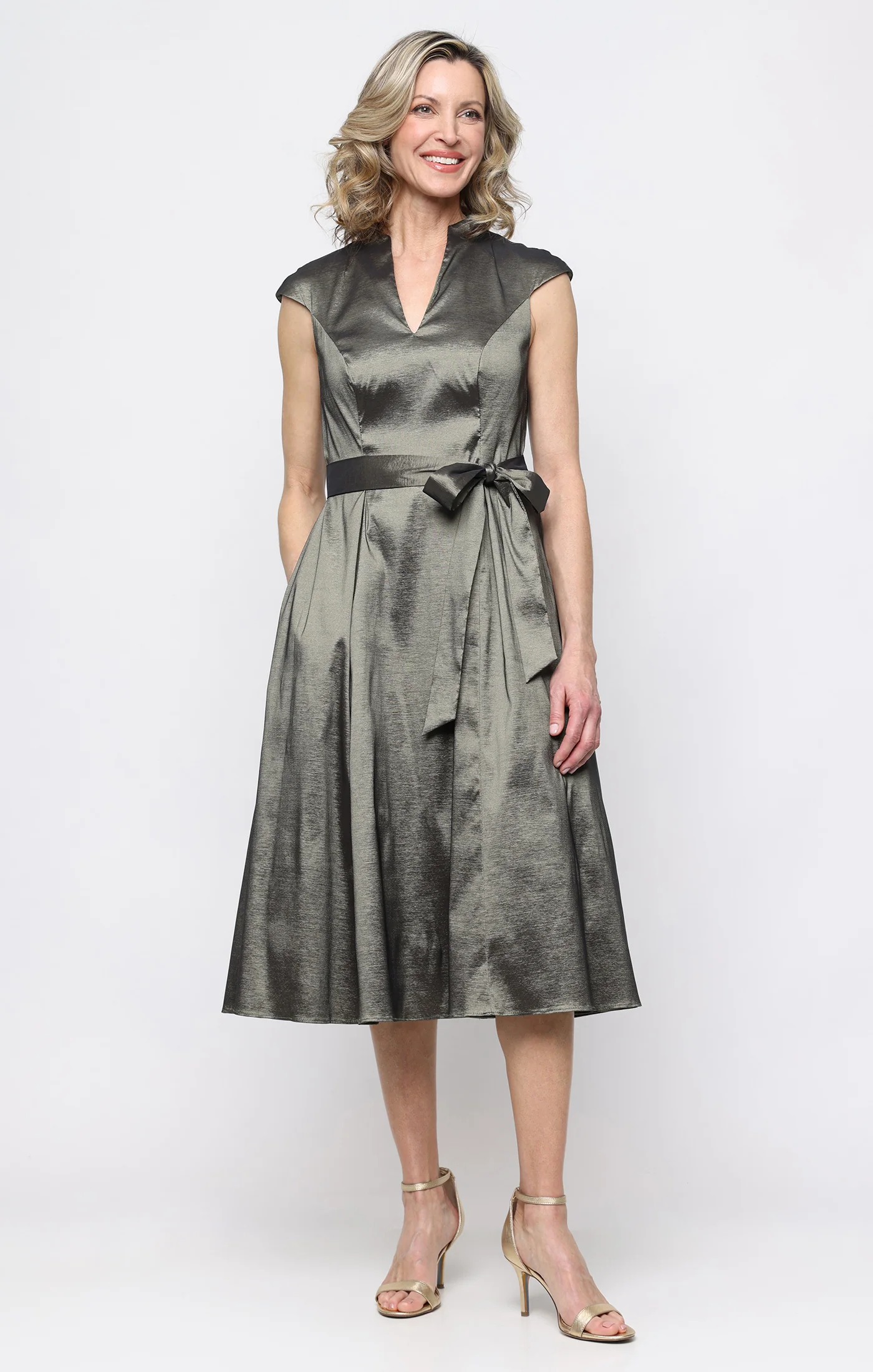 Stretch Taffeta Party Dress with A-Line Skirt & Tie Waist Detail - Image 4