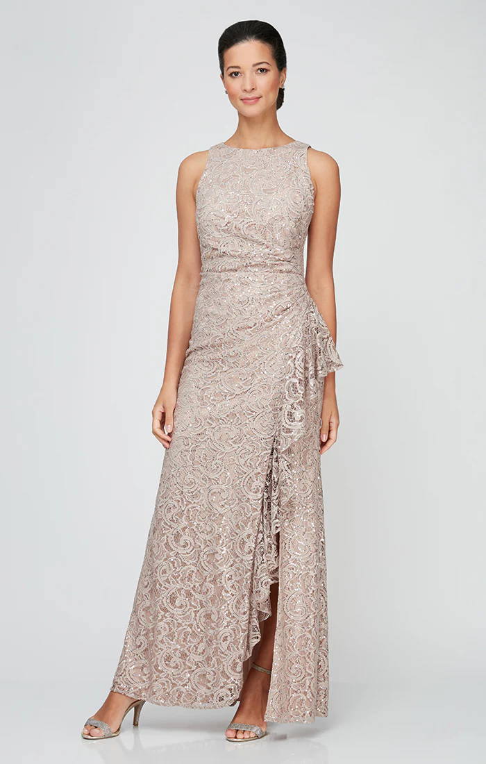 Petite Sleeveless Long Lace Dress with Cascade Ruffle