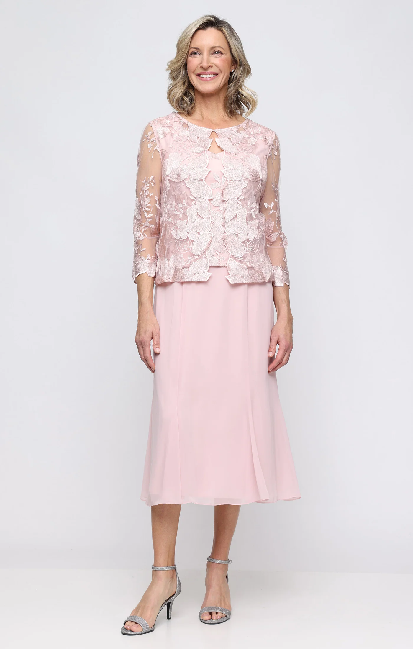 Regular - Tea-Length Attached Jacket Dress With Illusion Sleeves