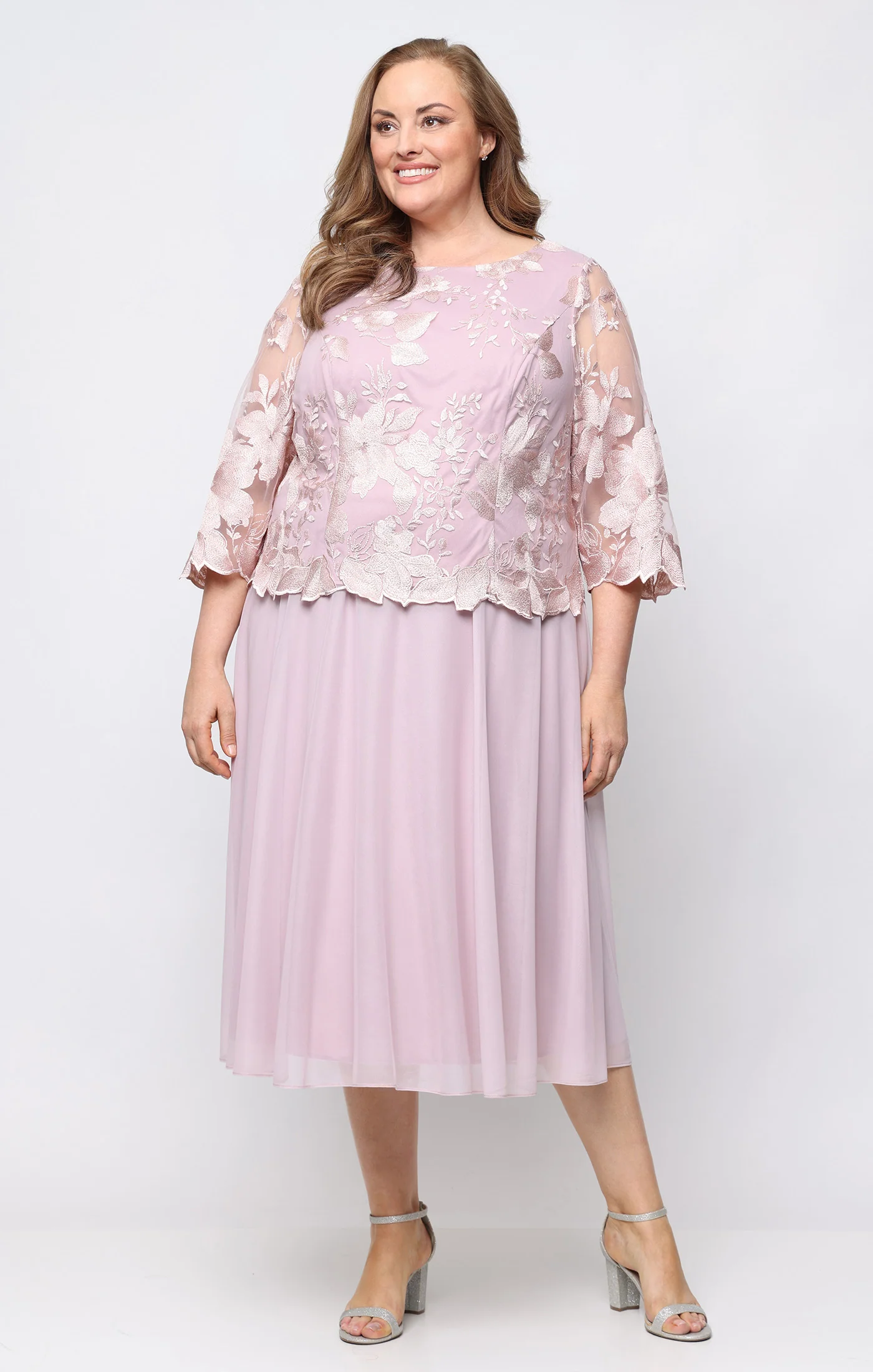 Plus - Embroidered Tulle & Chiffon Cocktail Dress