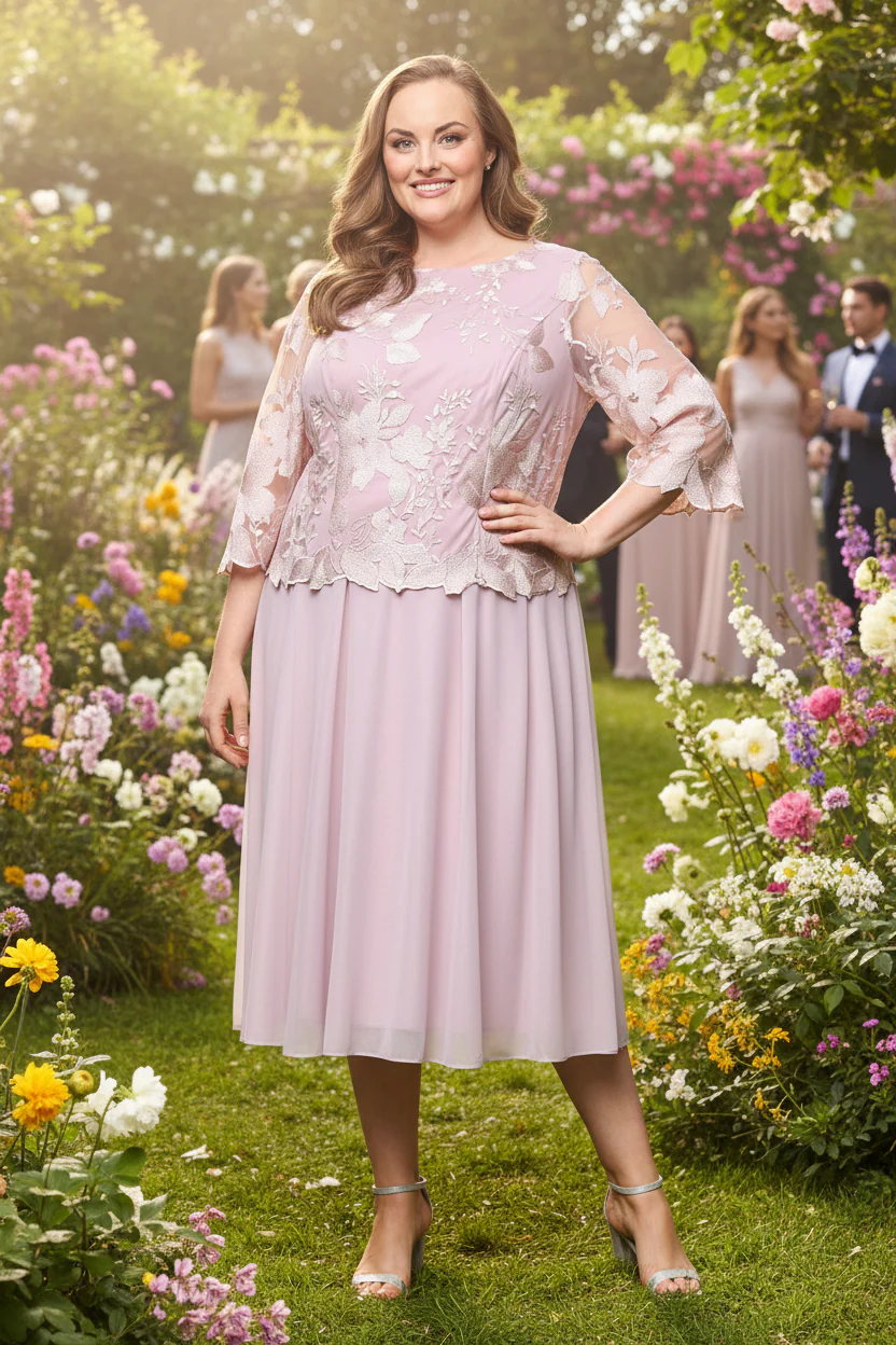 Plus - Embroidered Tulle & Chiffon Cocktail Dress - Image 4