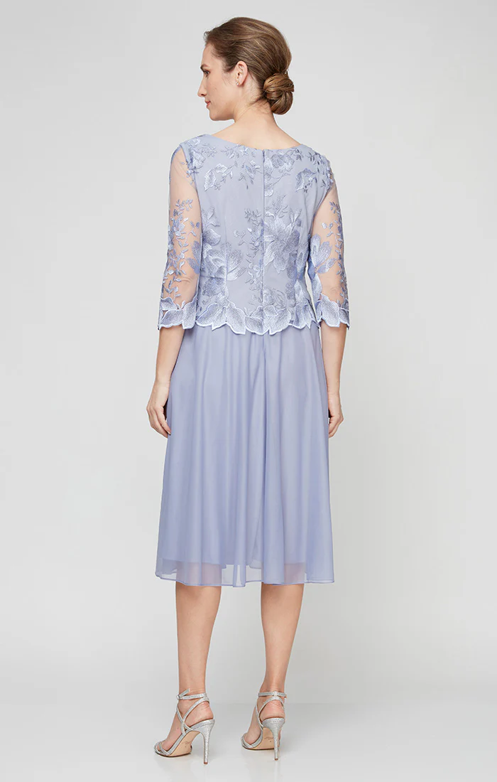 Petite - Tea Length Embroidered Mock Dress With Illusion Sleeves - Image 2