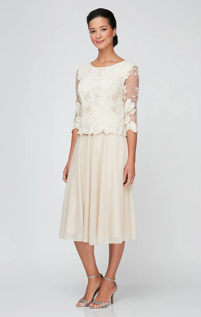 Petite - Tea Length Embroidered Mock Dress With Illusion Sleeves