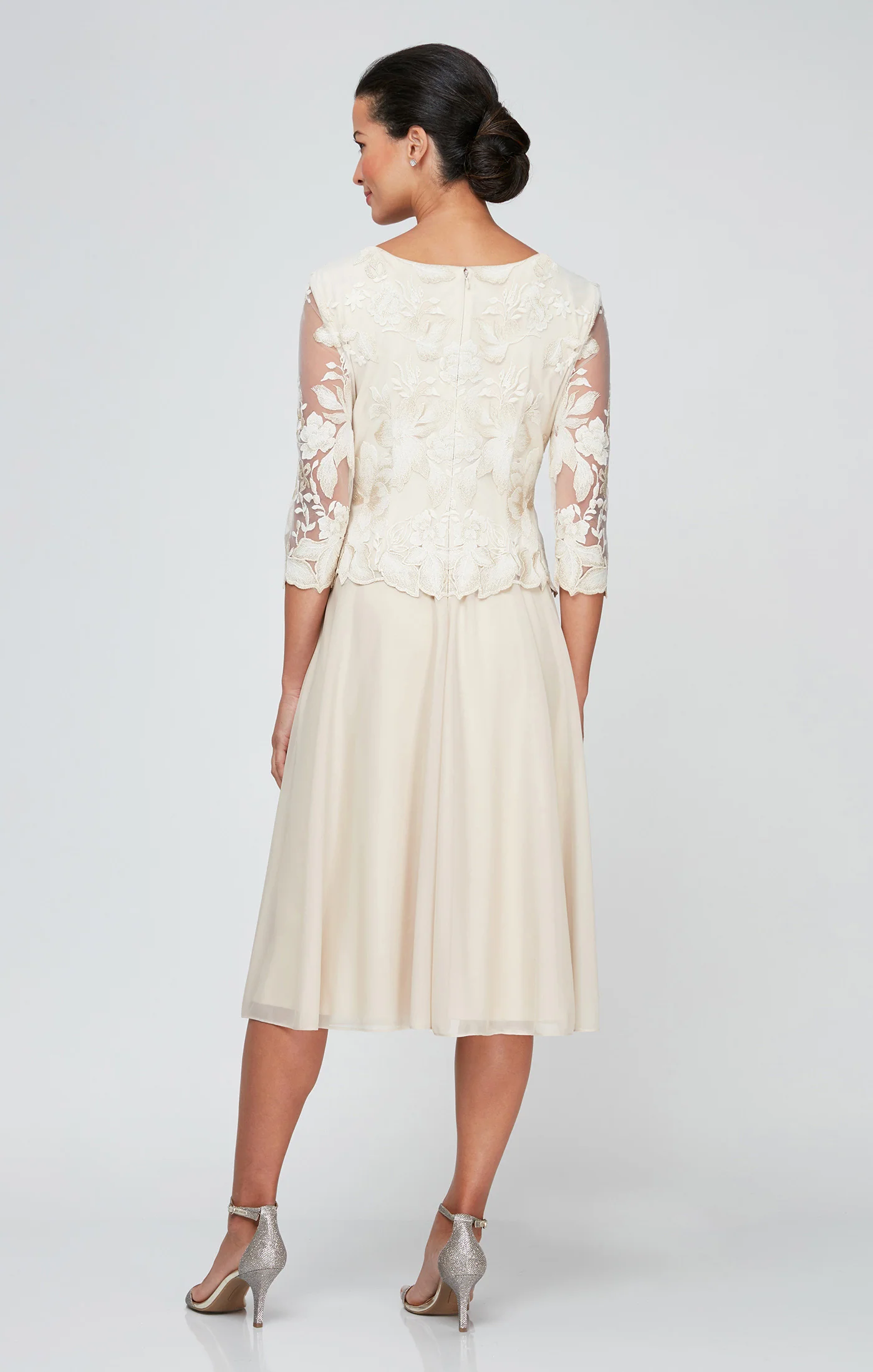 Petite - Tea Length Embroidered Mock Dress With Illusion Sleeves - Image 2