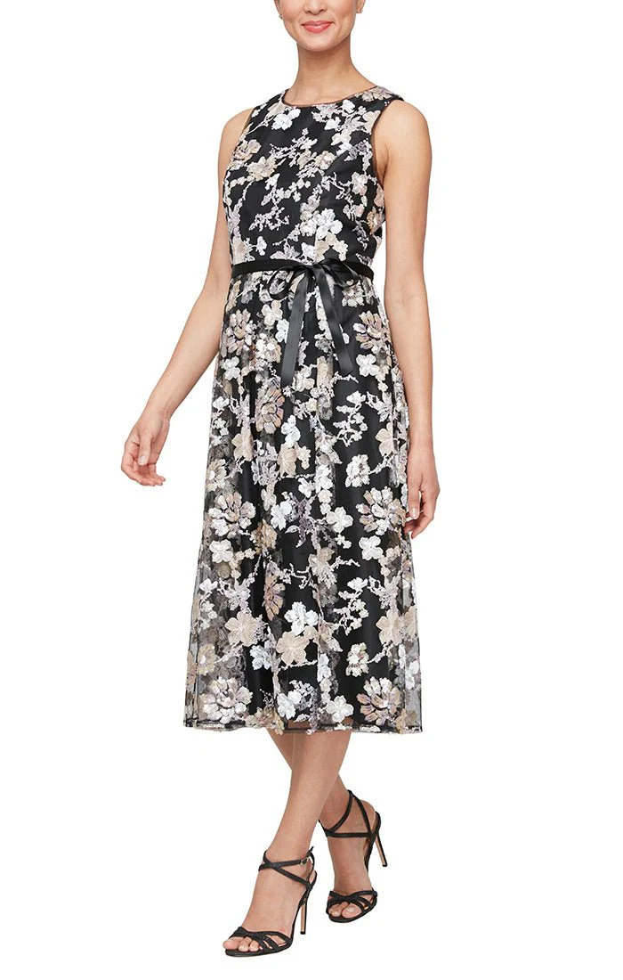 Regular - Tea-Length Embroidered Sleeveless Fit and Flare Dress with Tie Belt