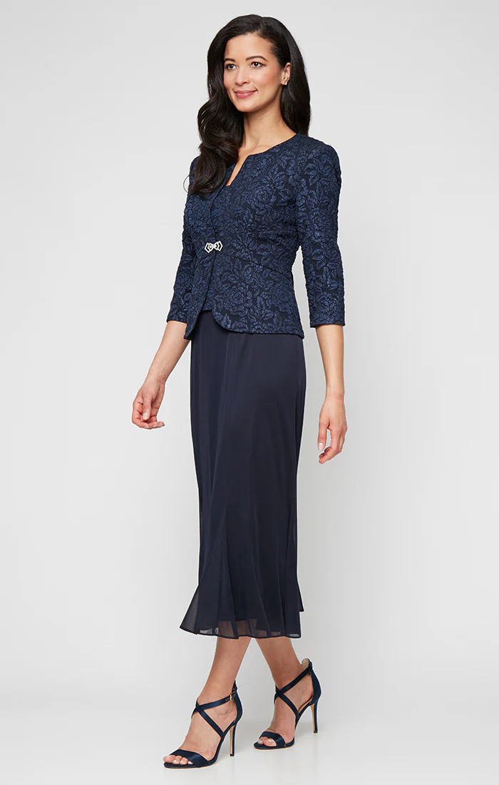 Tea-Length Jacket Dress in Jacquard & Chiffon